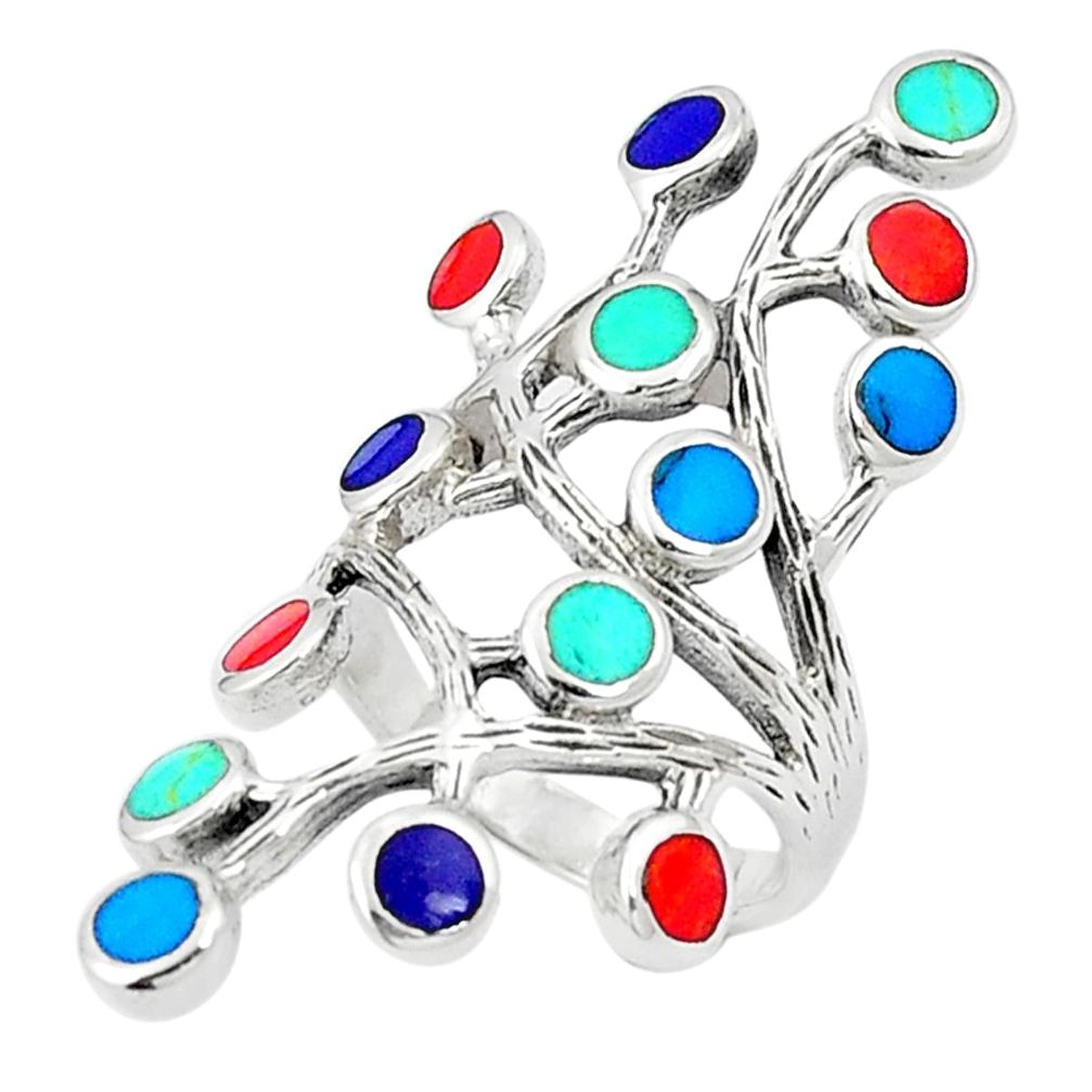 Fine blue turquoise coral enamel 925 silver ring size 5.5 c12430