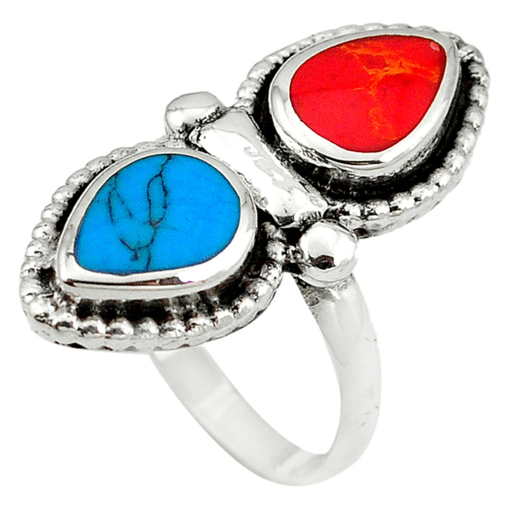 Fine blue turquoise coral enamel 925 sterling silver ring size 8 c12366
