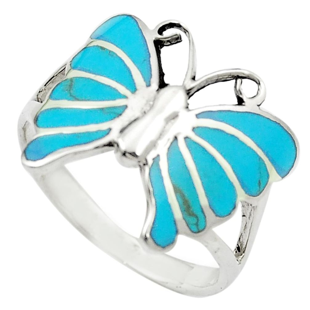 Fine blue turquoise enamel 925 silver butterfly ring size 9.5 c12198