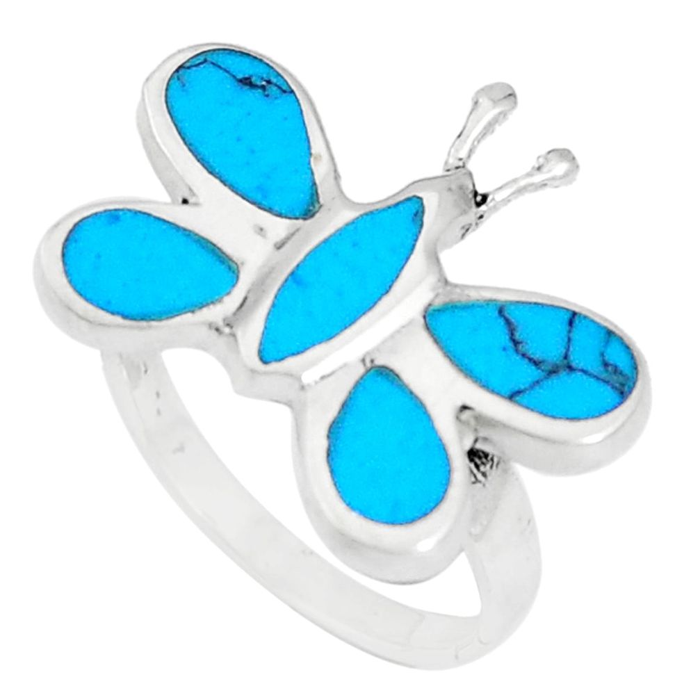 4.68gms fine blue turquoise enamel 925 silver butterfly ring size 6 c12237