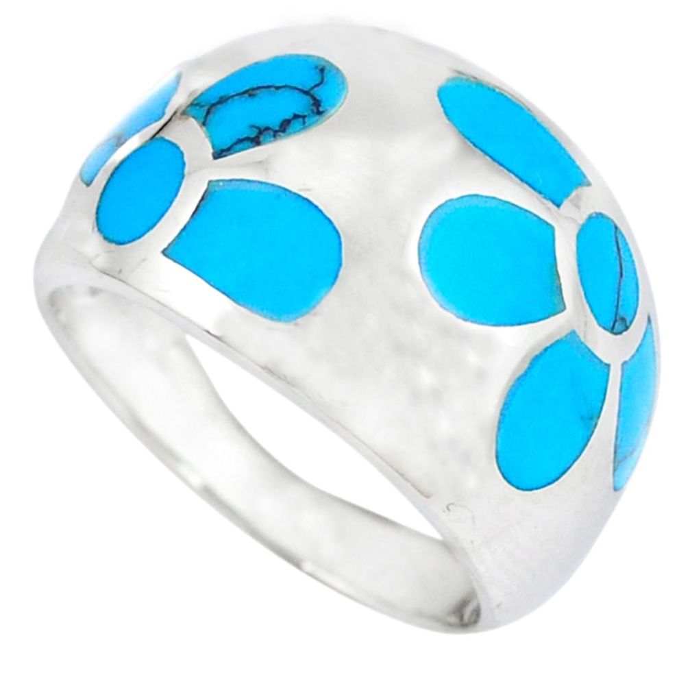 Fine blue turquoise enamel 925 silver flower ring size 8.5 a41794 c13165