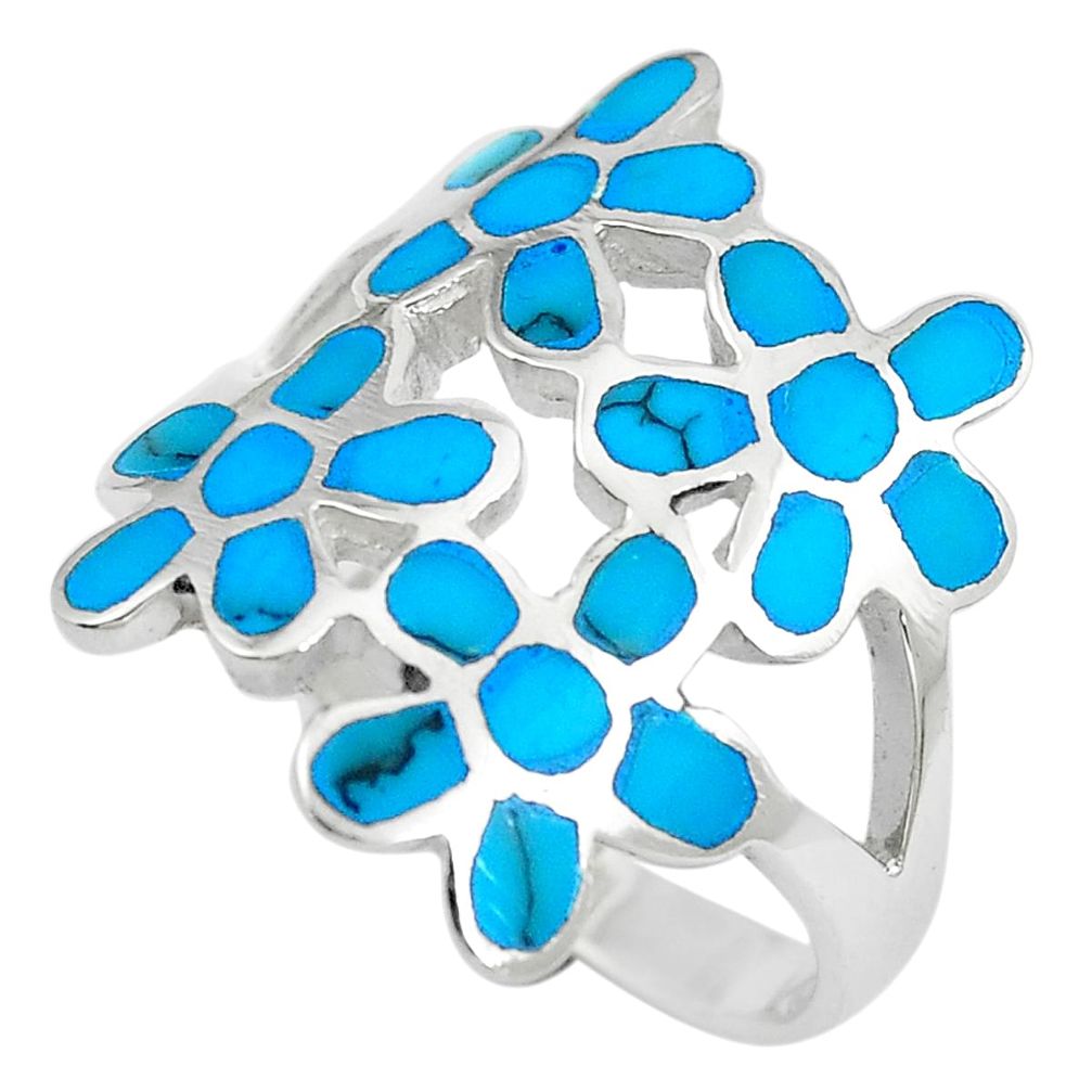 6.26gms fine blue turquoise enamel 925 silver flower ring size 8.5 c12951