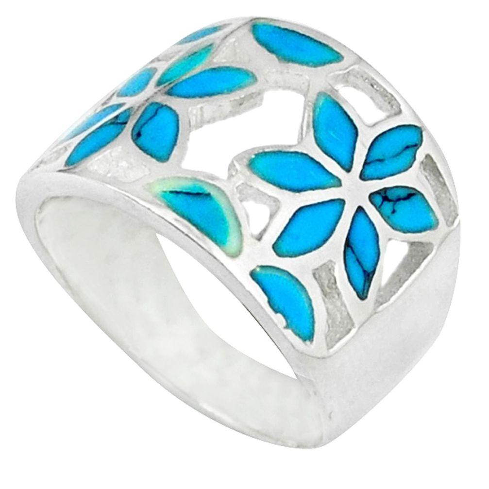 Fine blue turquoise enamel 925 silver flower ring jewelry size 6.5 a39760 c13083