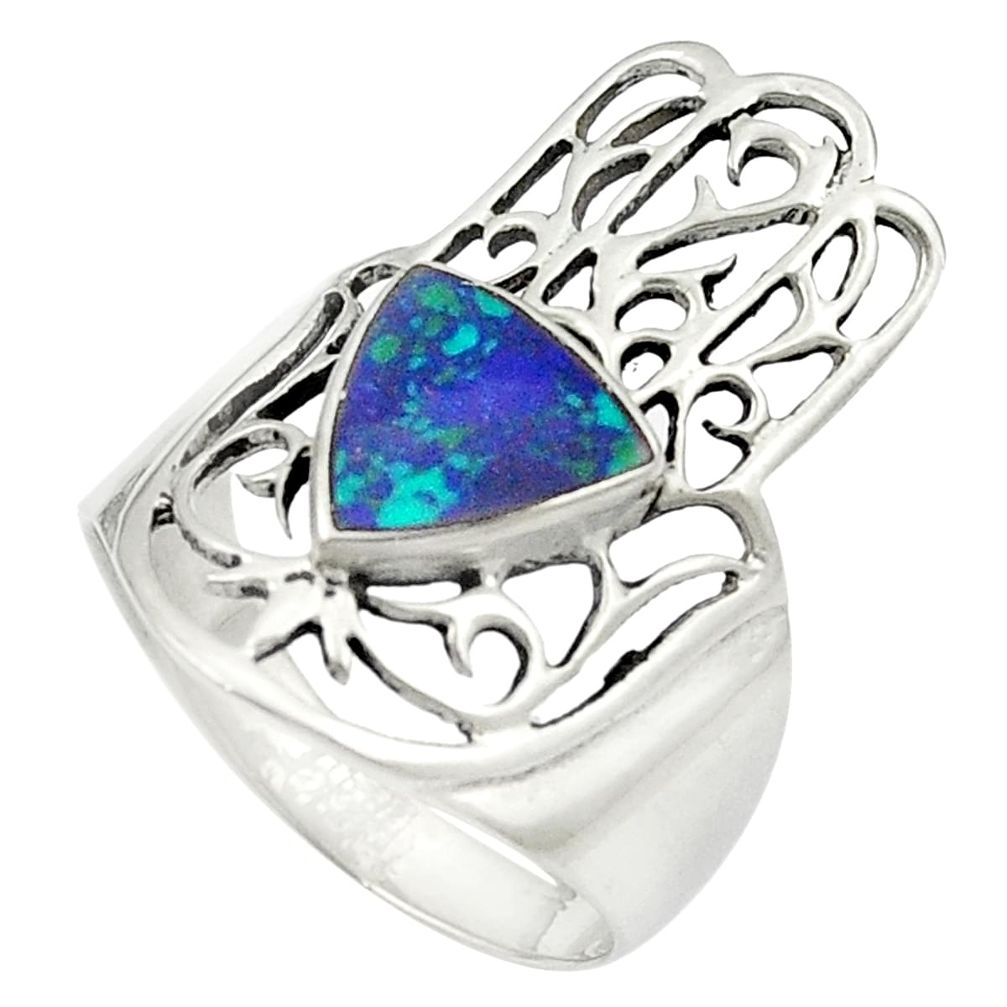 Fine blue turquoise enamel 925 silver hand of god hamsa ring size 8.5 c12290