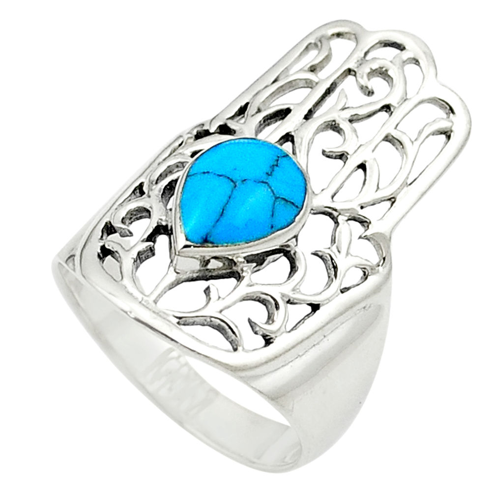 LAB Fine blue turquoise enamel 925 silver hand of god hamsa ring size 6 c12064