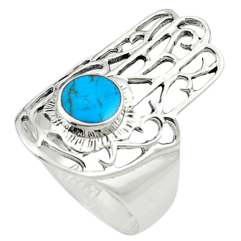 Fine blue turquoise enamel 925 silver hand of god hamsa ring size 9 c12080