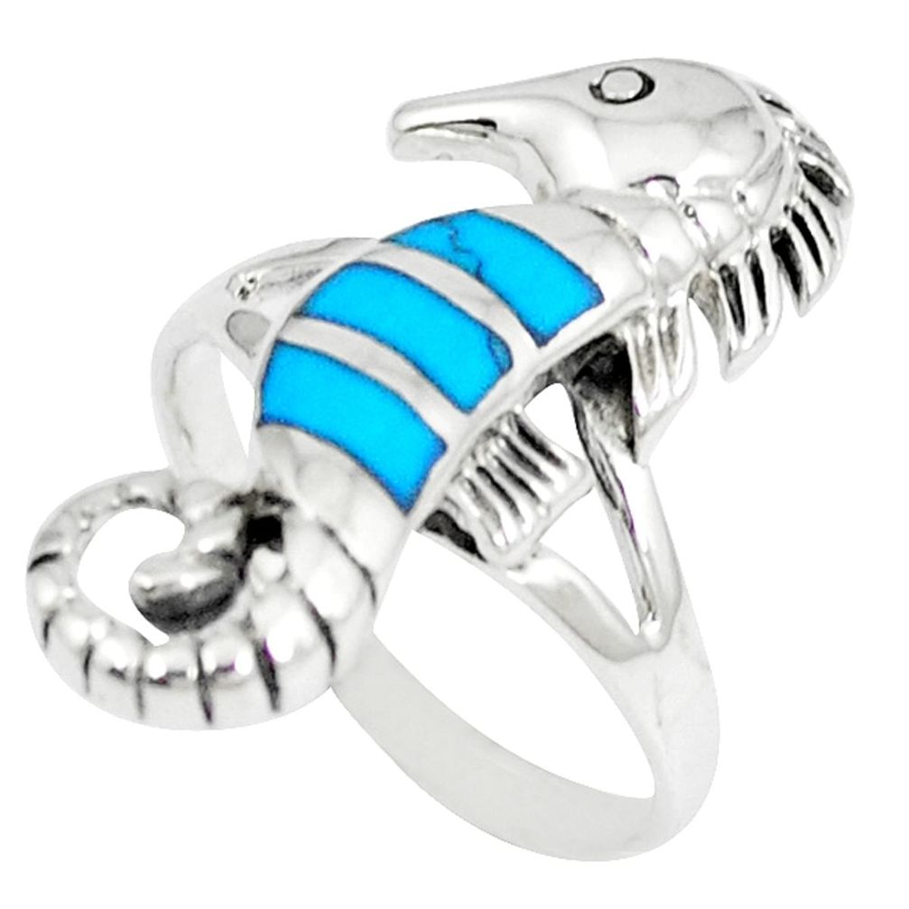 Fine blue turquoise enamel 925 silver seahorse ring size 7 c12185