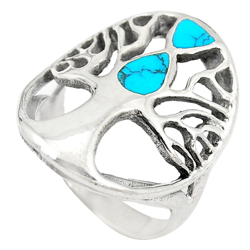 Fine blue turquoise enamel 925 silver tree of life ring size 6.5 c12385