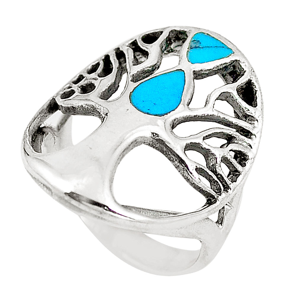 LAB 5.69gms fine blue turquoise enamel 925 silver tree of life ring size 6.5 c12387