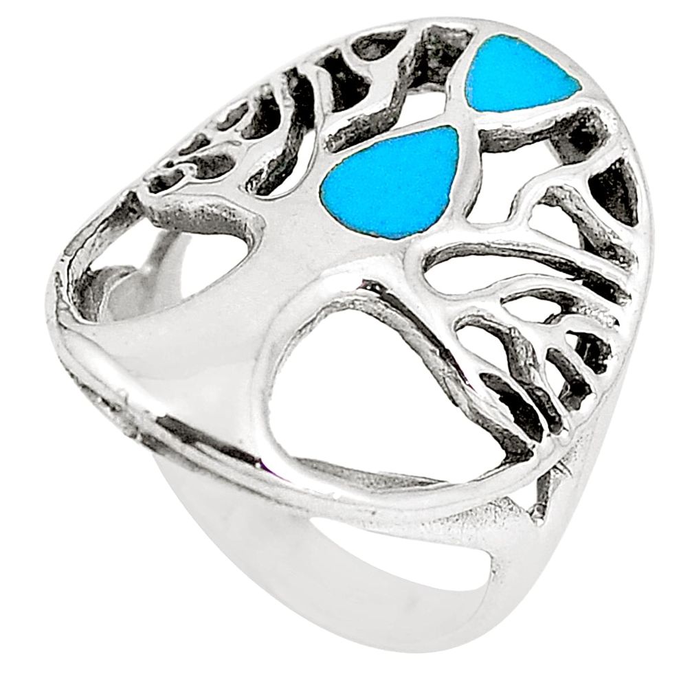 5.26gms fine blue turquoise enamel 925 silver tree of life ring size 6.5 c12396