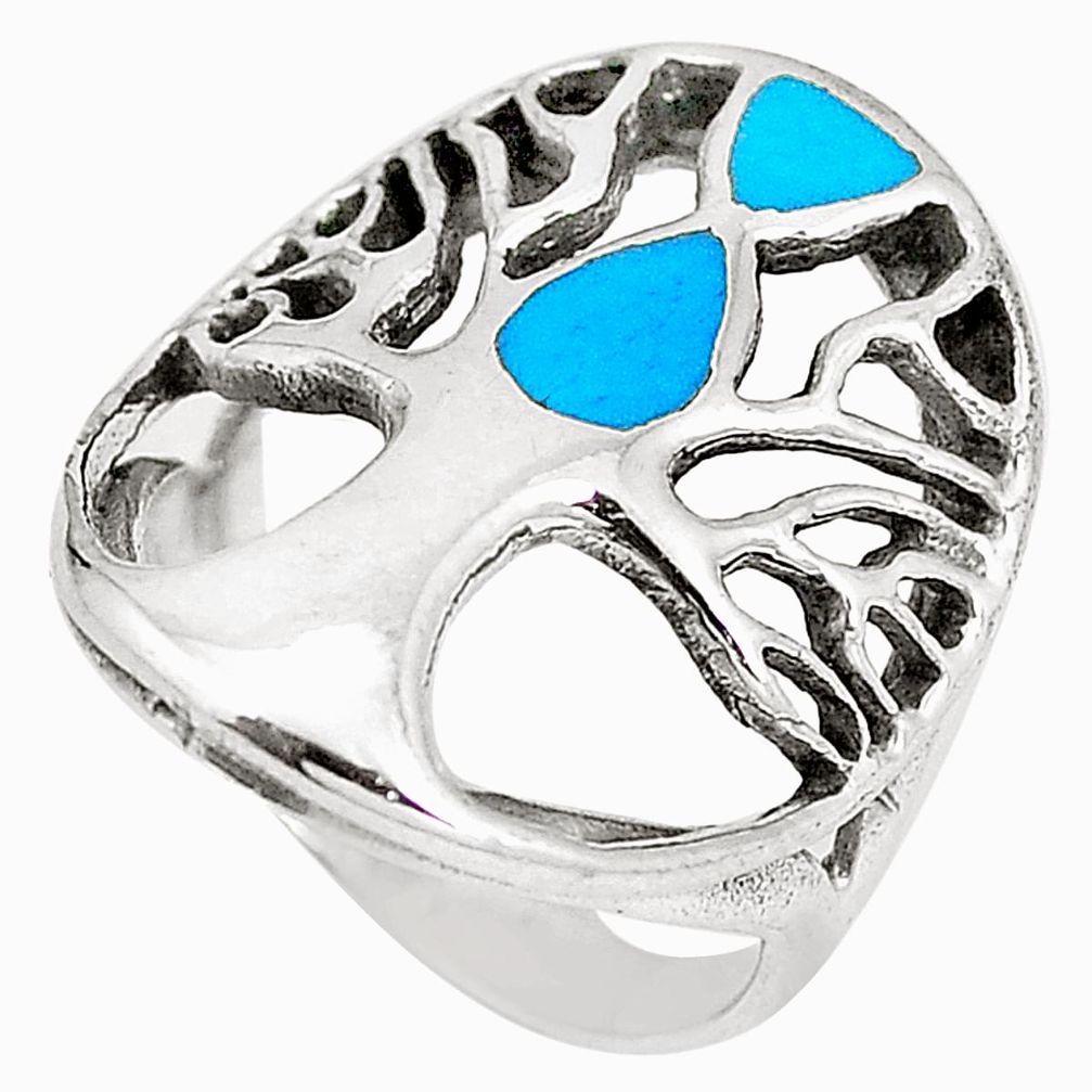 5.69gms fine blue turquoise enamel 925 silver tree of life ring size 5.5 c12397
