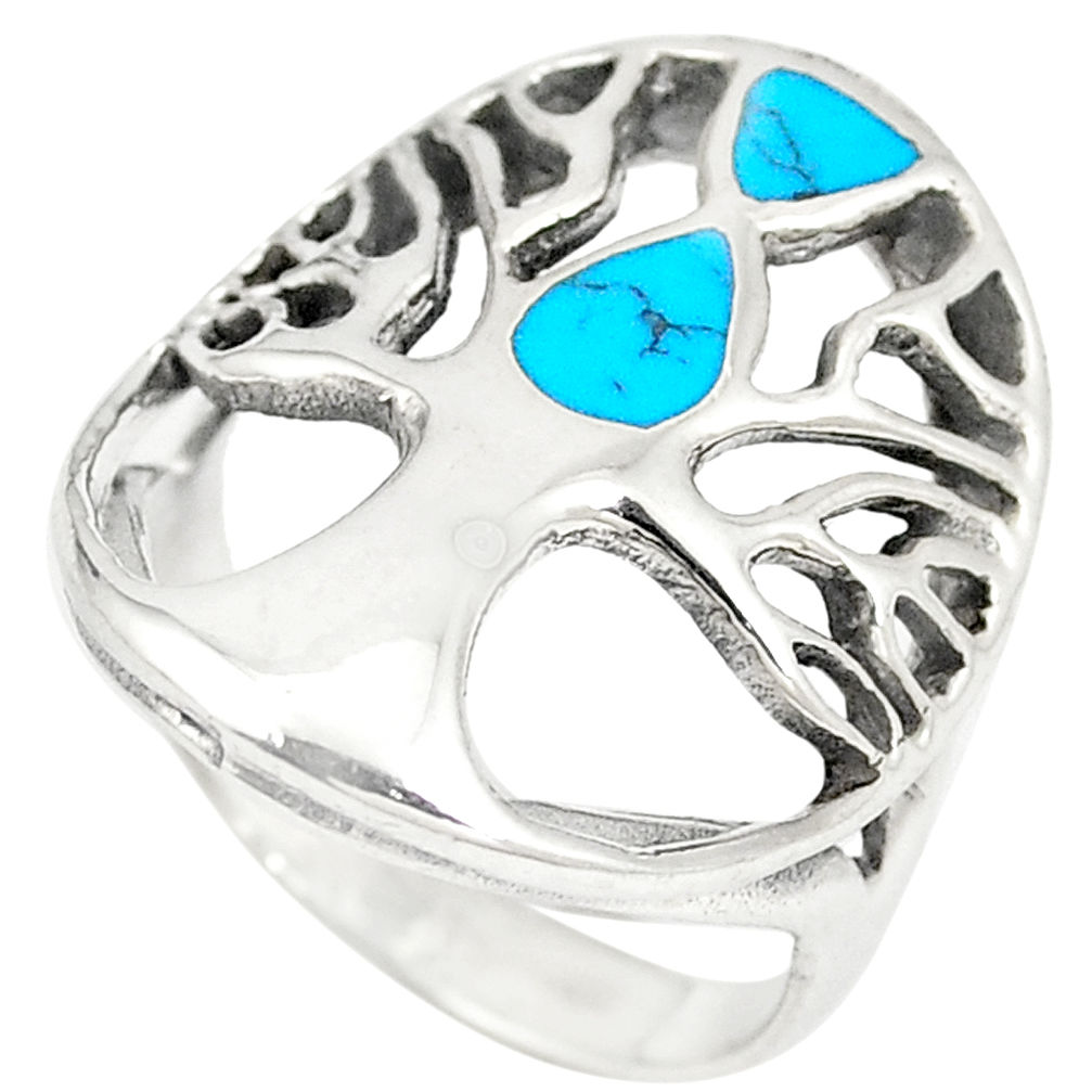 LAB 5.68gms fine blue turquoise enamel 925 silver tree of life ring size 6.5 c12399