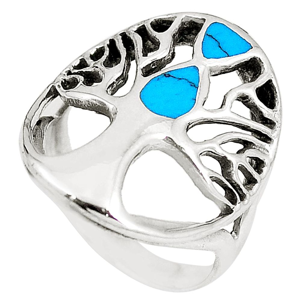 6.02gms fine blue turquoise enamel 925 silver tree of life ring size 7.5 c12694