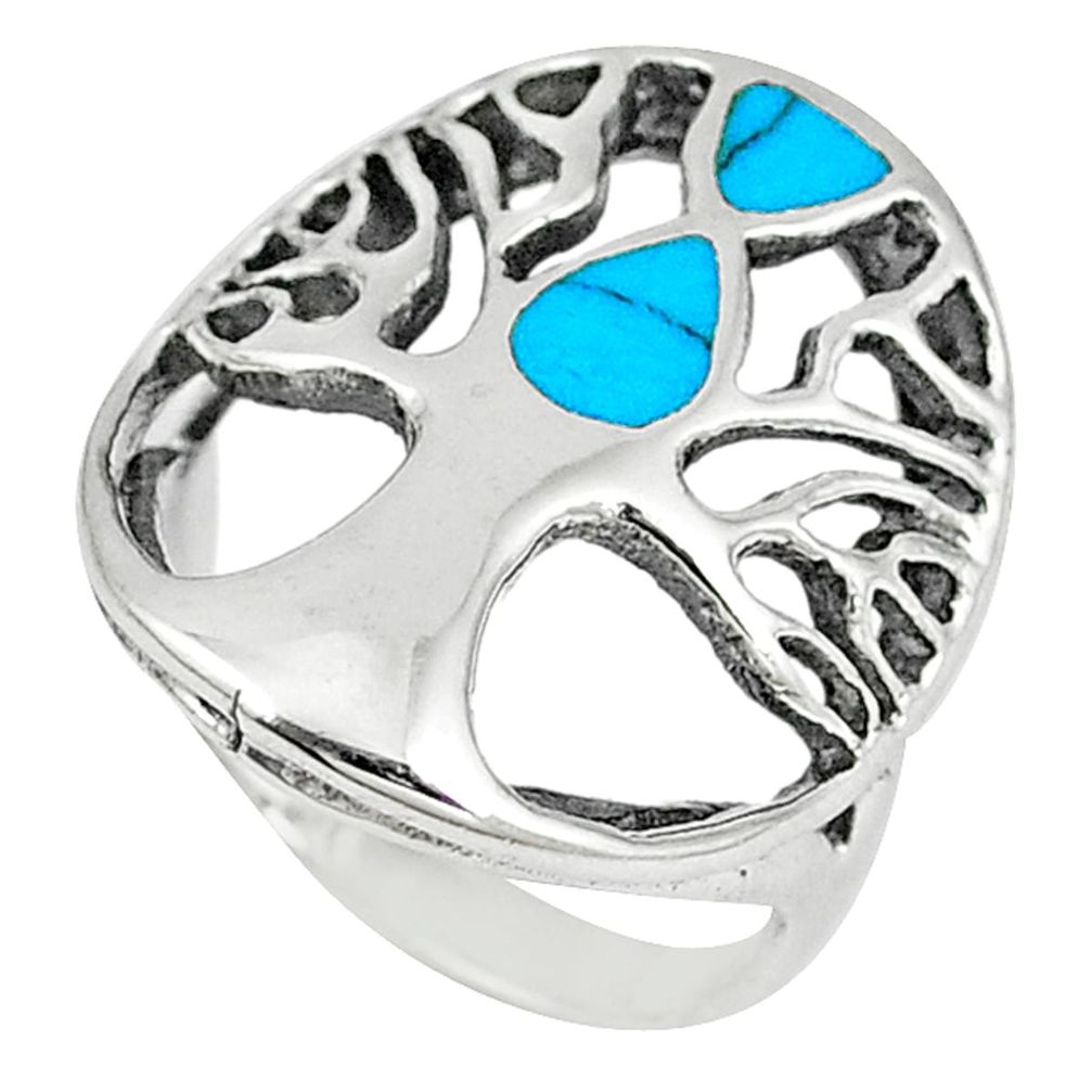 Fine blue turquoise enamel 925 silver tree of life ring jewelry size 7 c12395