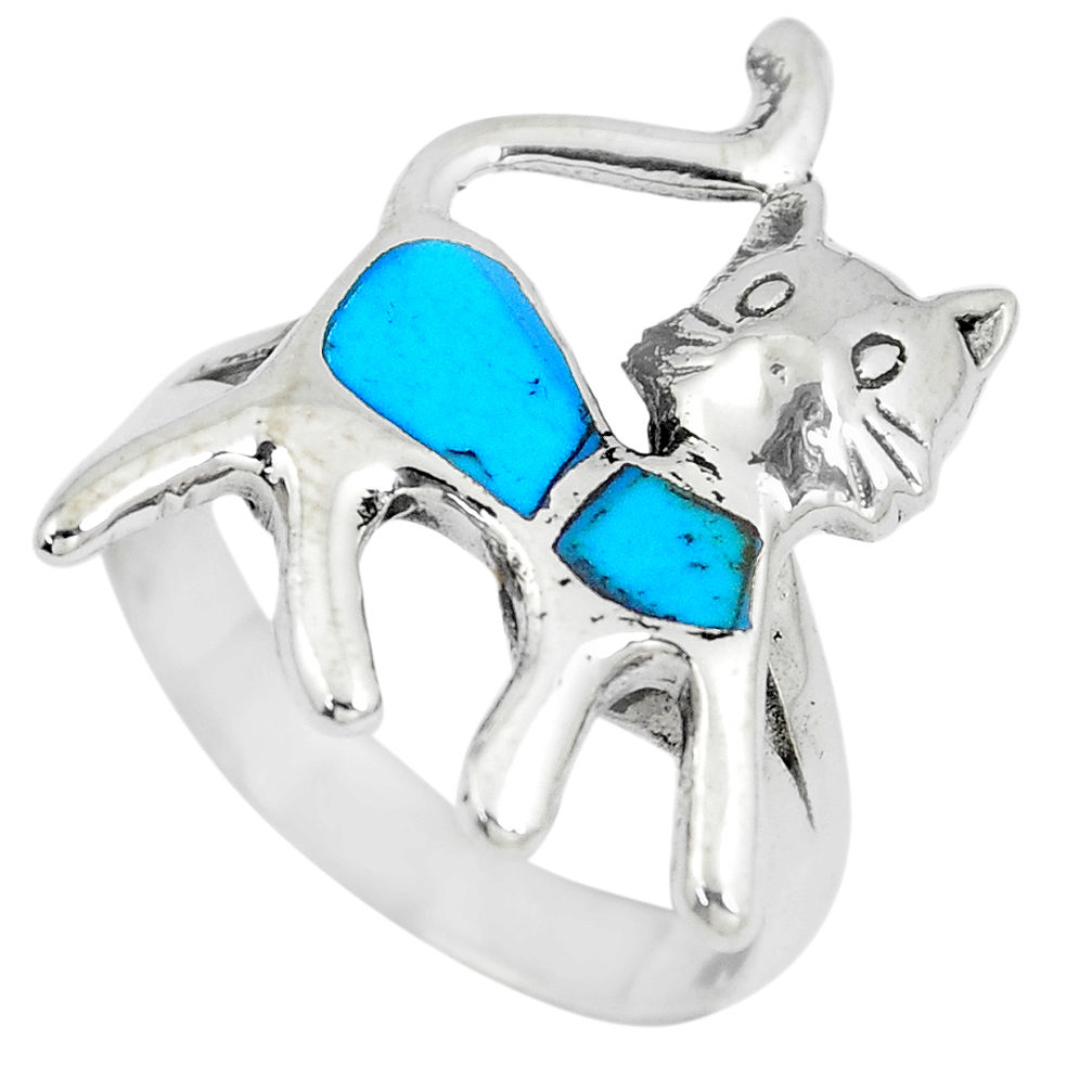 4.89gms fine blue turquoise enamel 925 sterling silver cat ring size 8.5 c12821