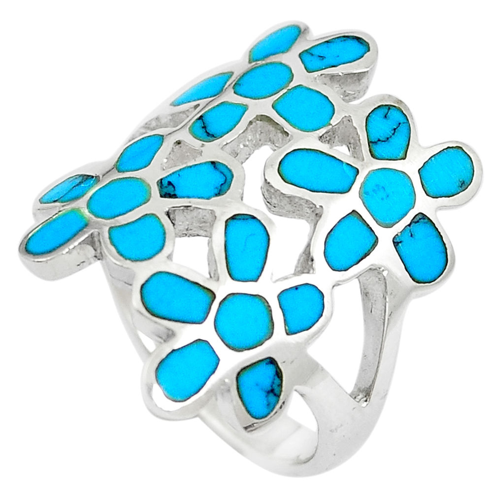 LAB 6.47gms fine blue turquoise enamel 925 sterling silver flower ring size 6 c12945