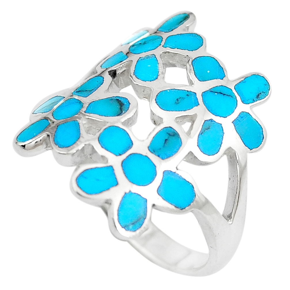 LAB 6.26gms fine blue turquoise enamel 925 sterling silver flower ring size 8 c12944