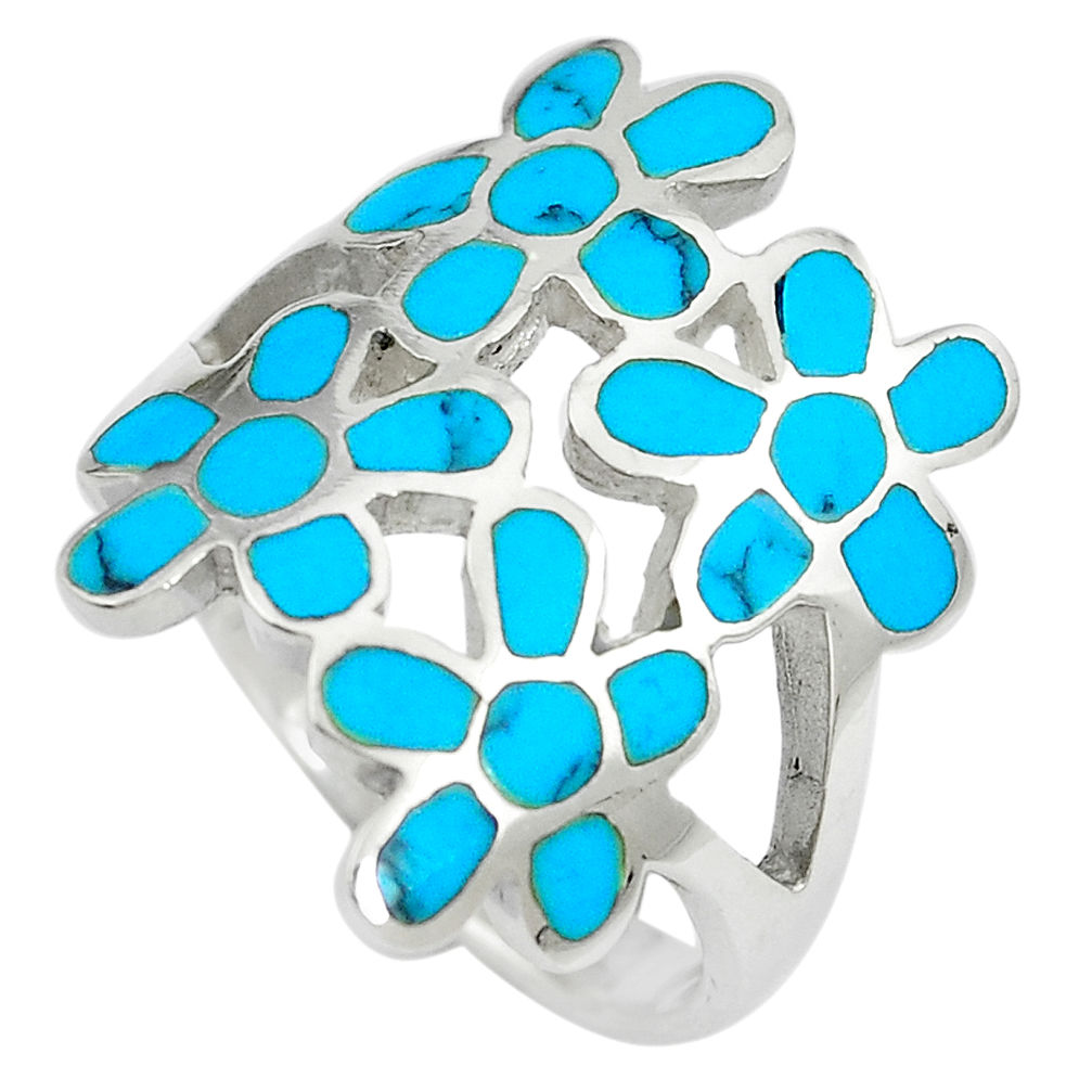 LAB 6.69gms fine blue turquoise enamel 925 sterling silver flower ring size 8 c12950