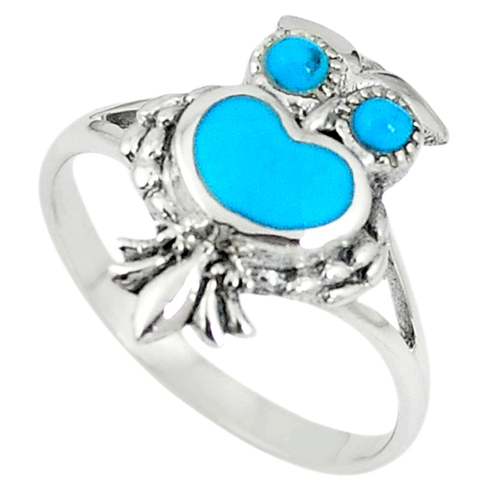 LAB Fine blue turquoise enamel 925 sterling silver owl ring size 8 a67682 c13381