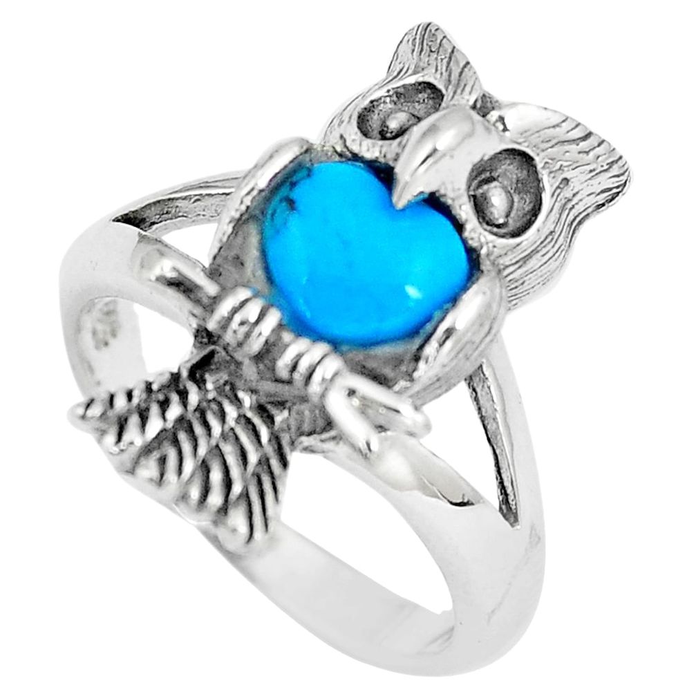 1.40cts fine blue turquoise heart 925 silver owl ring jewelry size 7.5 c12688