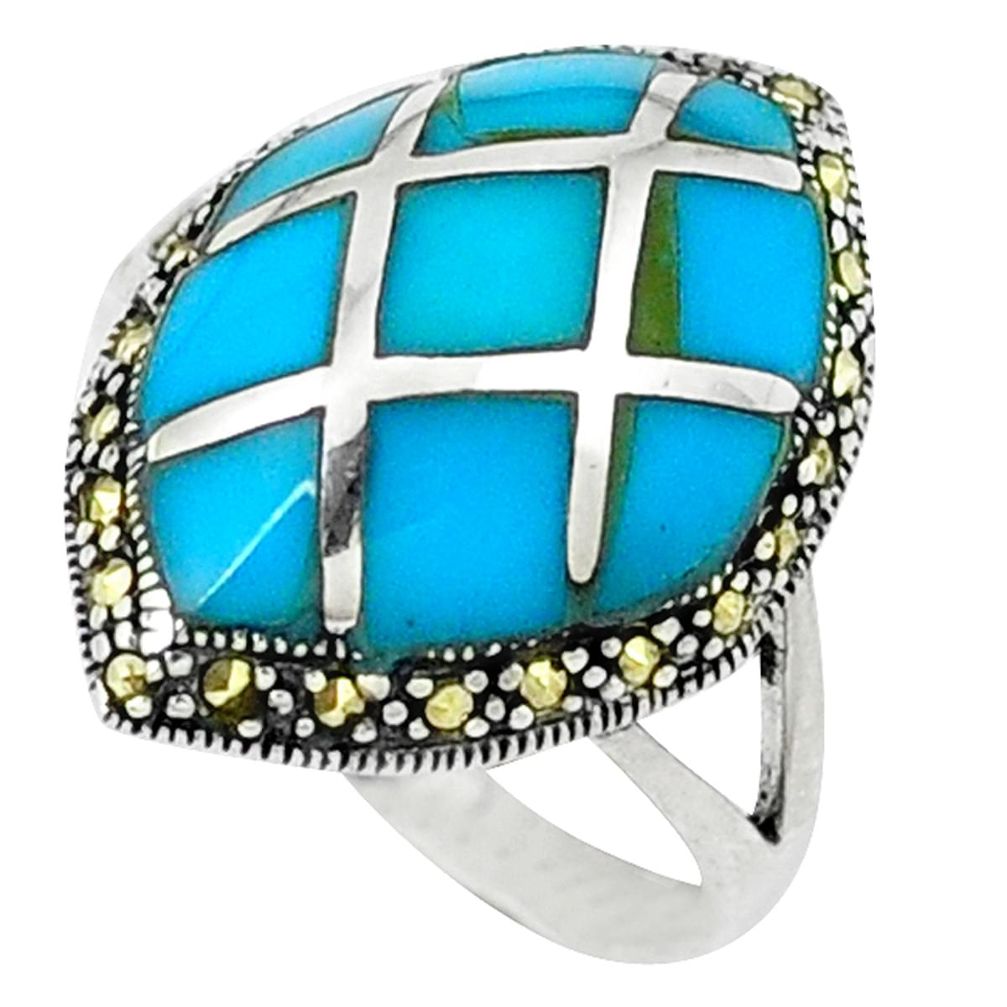Fine blue turquoise marcasite 925 sterling silver ring size 7.5 c18743