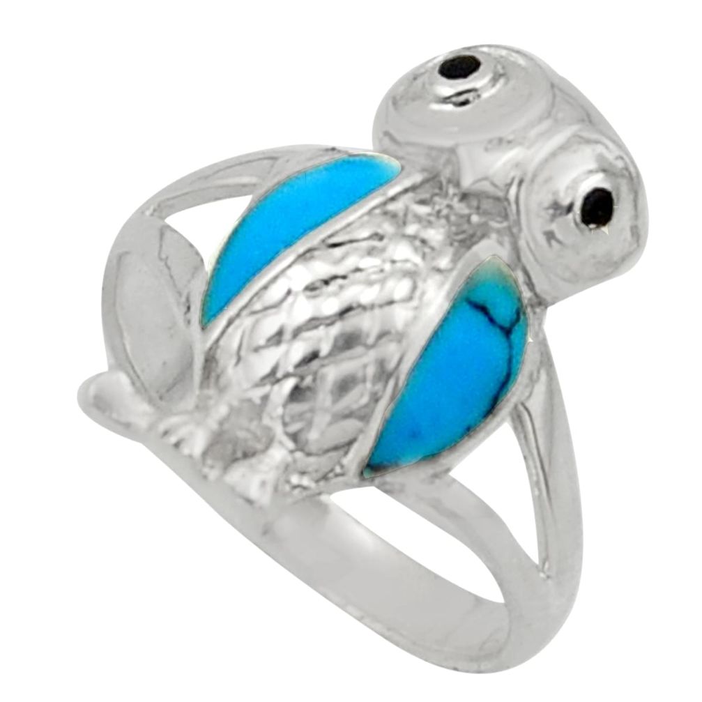 3.02gms fine blue turquoise onyx enamel 925 silver owl ring size 6 c26288