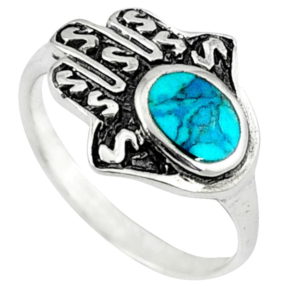 Fine green turquoise 925 silver hand of god hamsa ring jewelry size 6.5 c10712