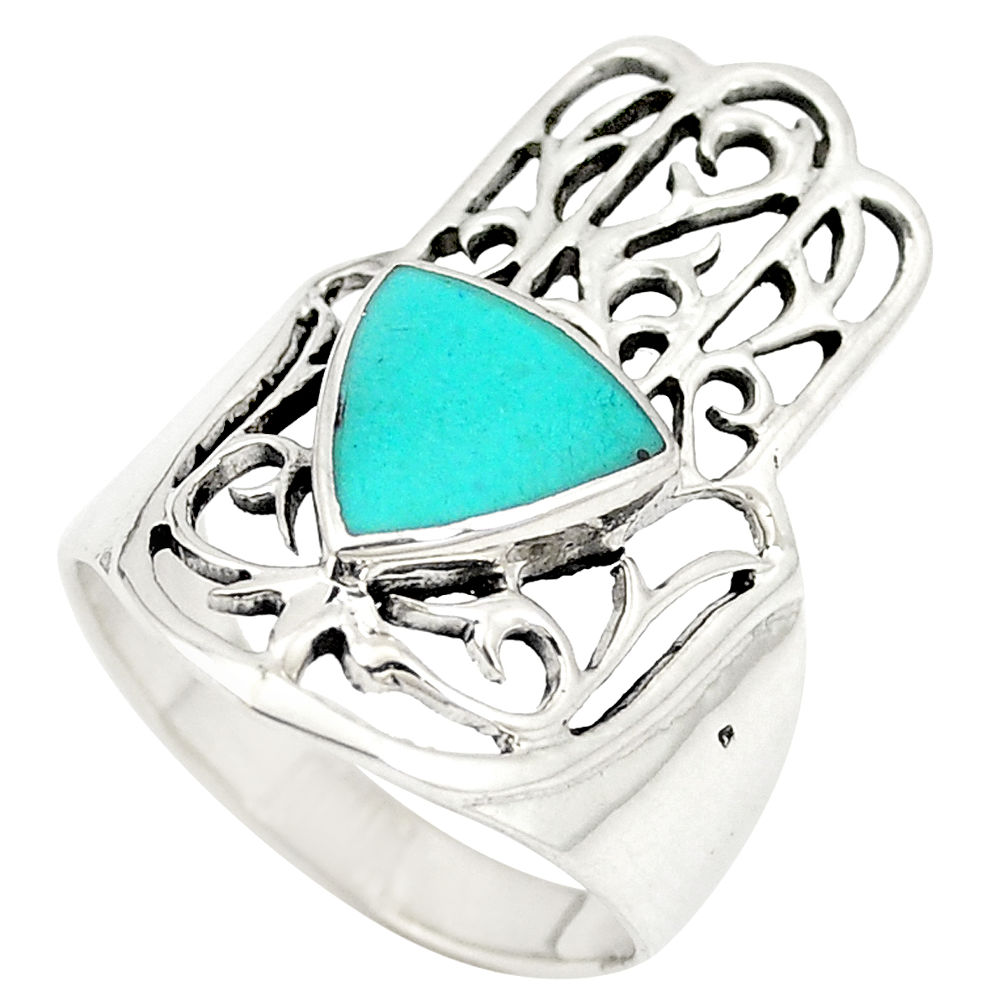 Fine green turquoise 925 silver hand of god hamsa ring size 7 c11975