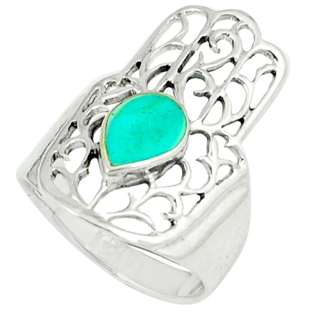 4.25gms fine green turquoise 925 silver hand of god hamsa ring size 7 c11977