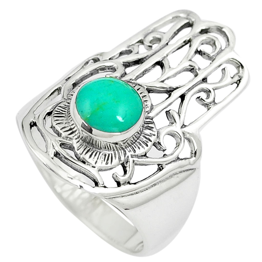 LAB 1.05cts fine green turquoise 925 silver hand of god hamsa ring size 8 c12744
