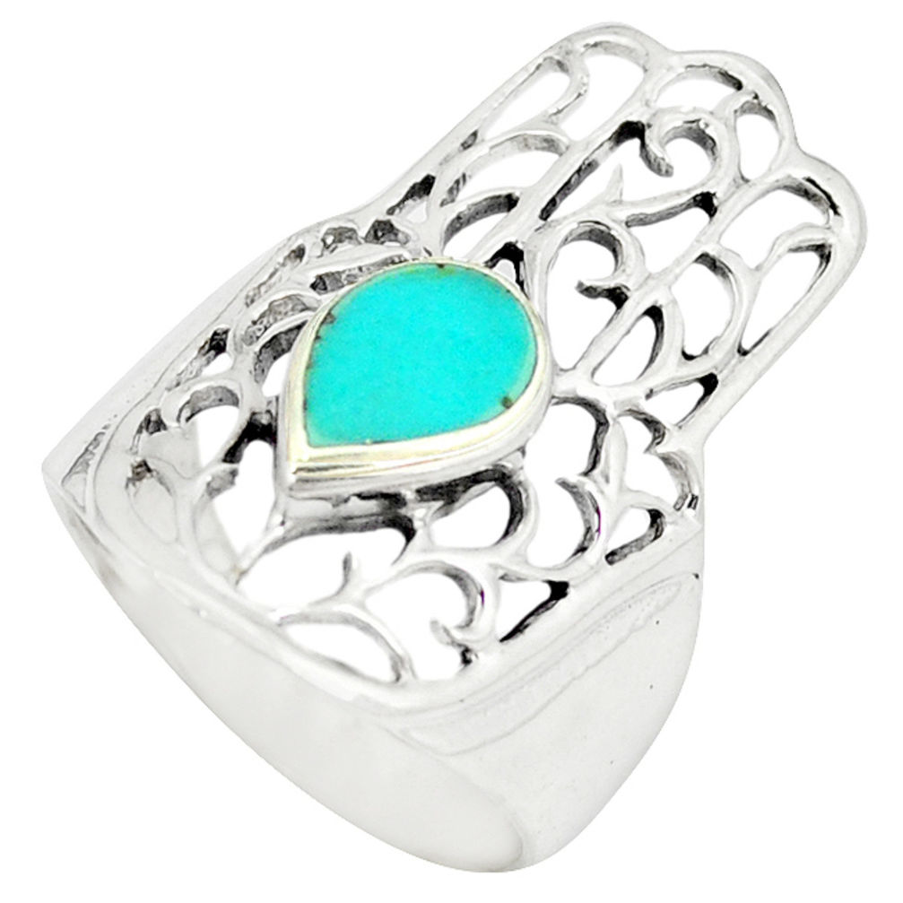 LAB Fine green turquoise 925 silver hand of god hamsa ring size 9 c11968