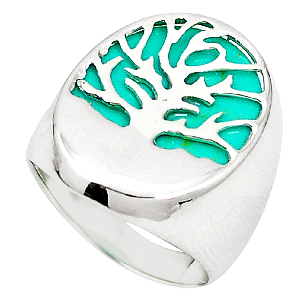 LAB Fine green turquoise 925 sterling silver tree of life ring size 7 c11917
