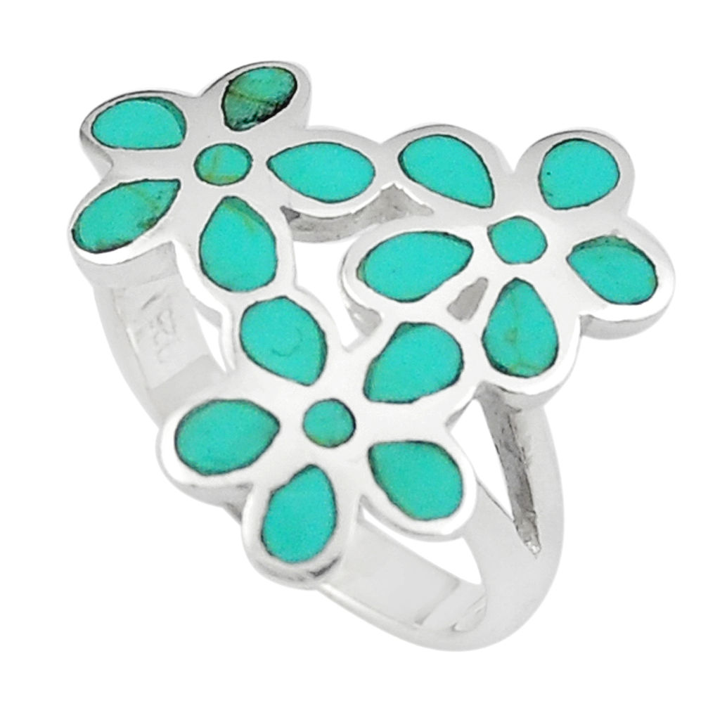 5.48gms fine green turquoise enamel 925 silver flower ring size 7 c12609