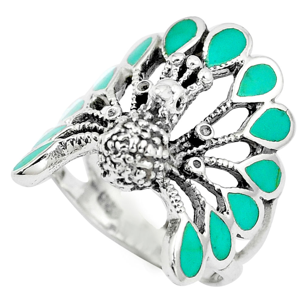 6.02gms fine green turquoise enamel 925 silver peacock ring size 6.5 c12402