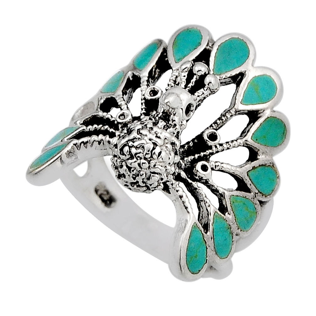 6.26gms fine green turquoise enamel 925 silver peacock ring size 6.5 y83356