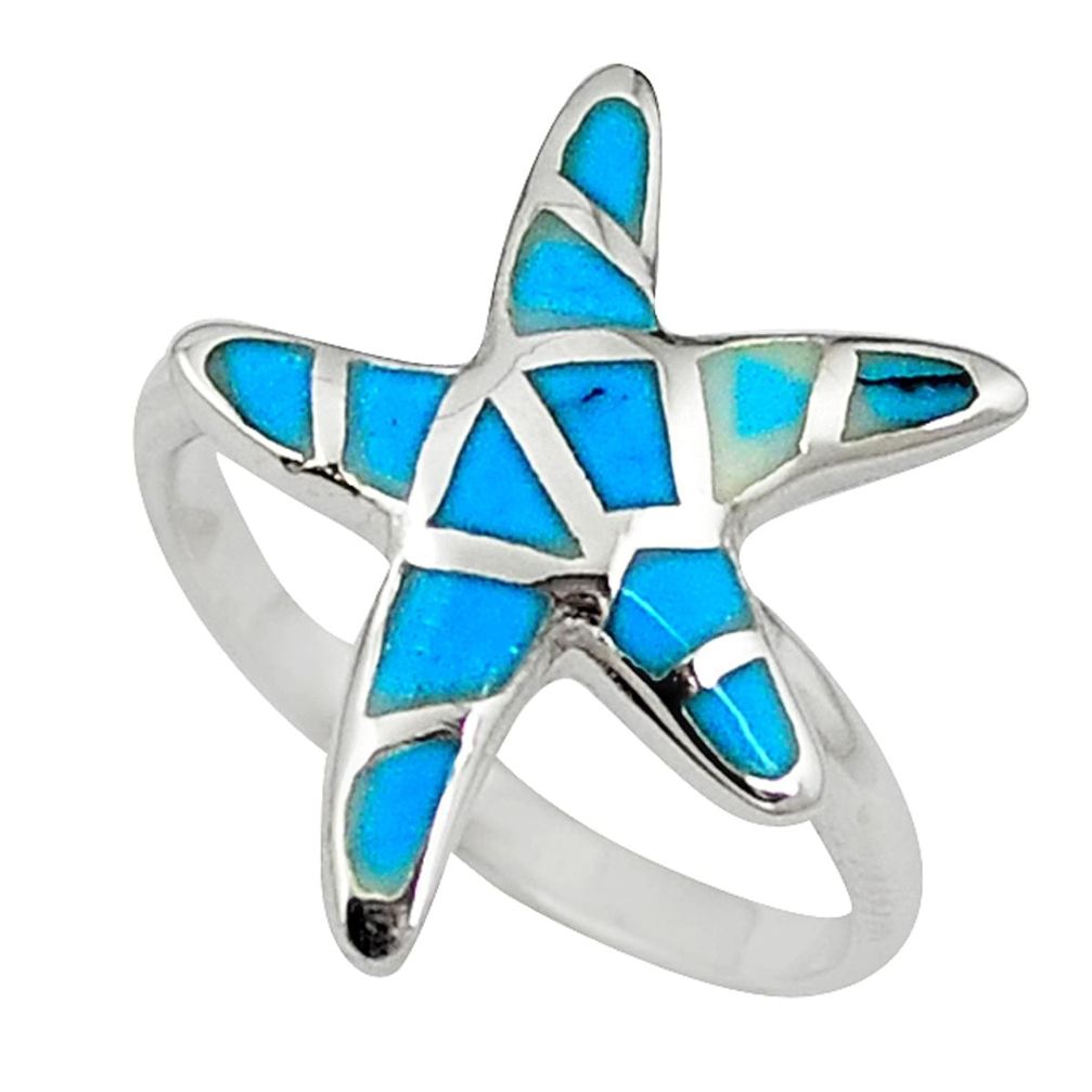 Fine green turquoise enamel 925 silver star fish ring size 6 a58902 c13382