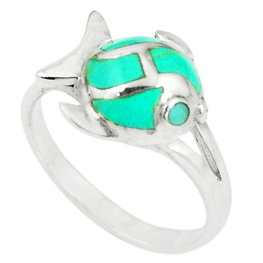 LAB Fine green turquoise enamel 925 sterling silver fish ring size 6 c12980