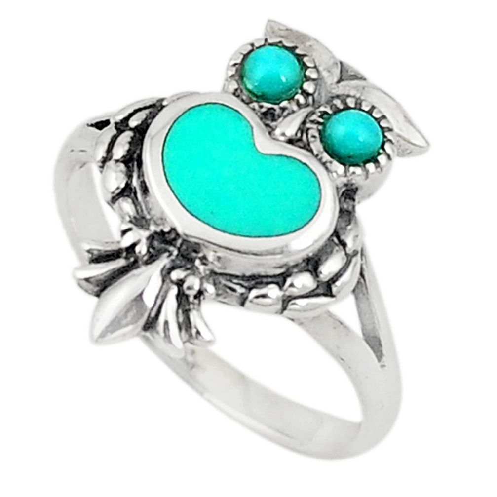 Fine green turquoise enamel 925 sterling silver owl ring size 5.5 c21678
