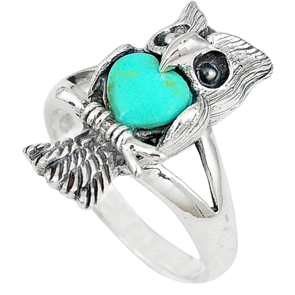 Fine green turquoise heart 925 sterling silver owl ring jewelry size 9 c12260