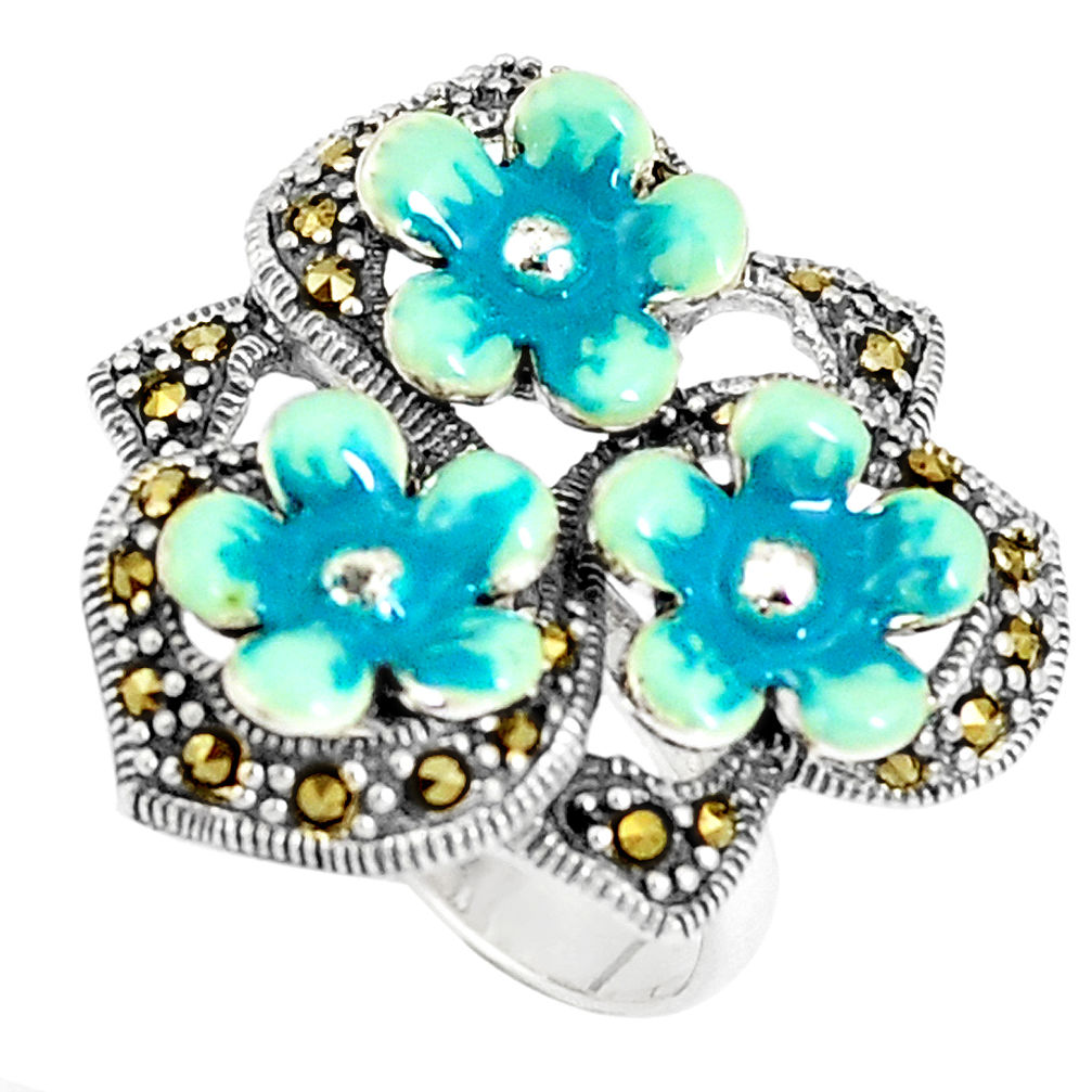 9.69gms fine marcasite enamel 925 sterling silver flower ring size 6 c15961