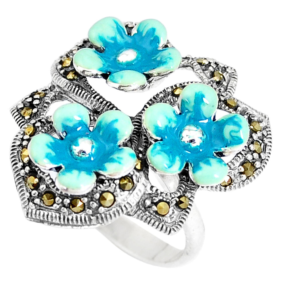 9.87gms fine marcasite enamel 925 sterling silver flower ring size 8 c15975