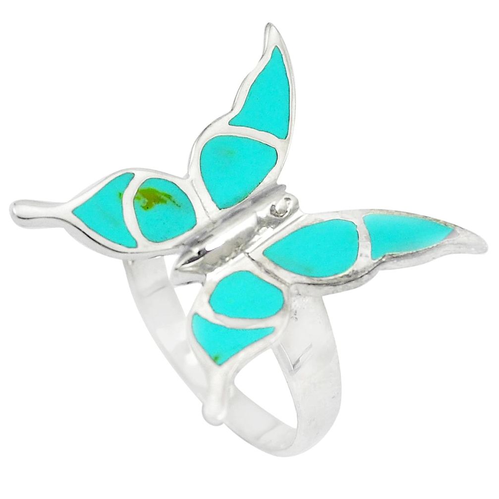 4.89gms fine turquoise enamel 925 silver butterfly ring size 7.5 a88527 c13408