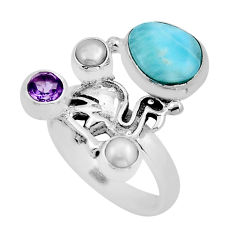 7.33cts flamingos natural larimar amethyst pearl 925 silver ring size 7.5 y96642
