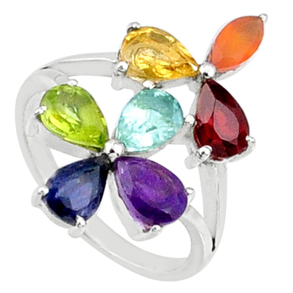 Flower multi-gems natural healing energy 925 silver chakra ring size 6 r65246