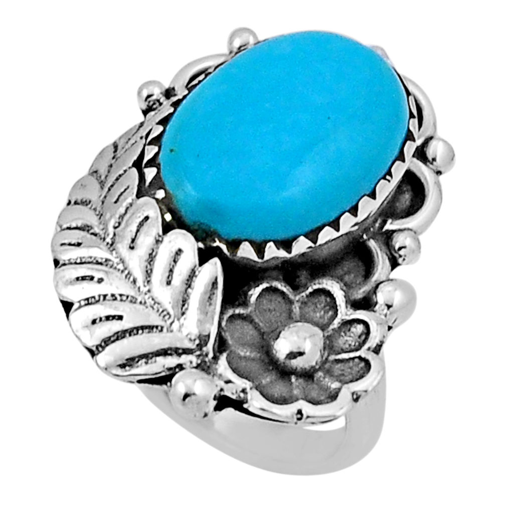 6.09cts flower with leaf arizona mohave turquoise silver ring size 5.5 n33456