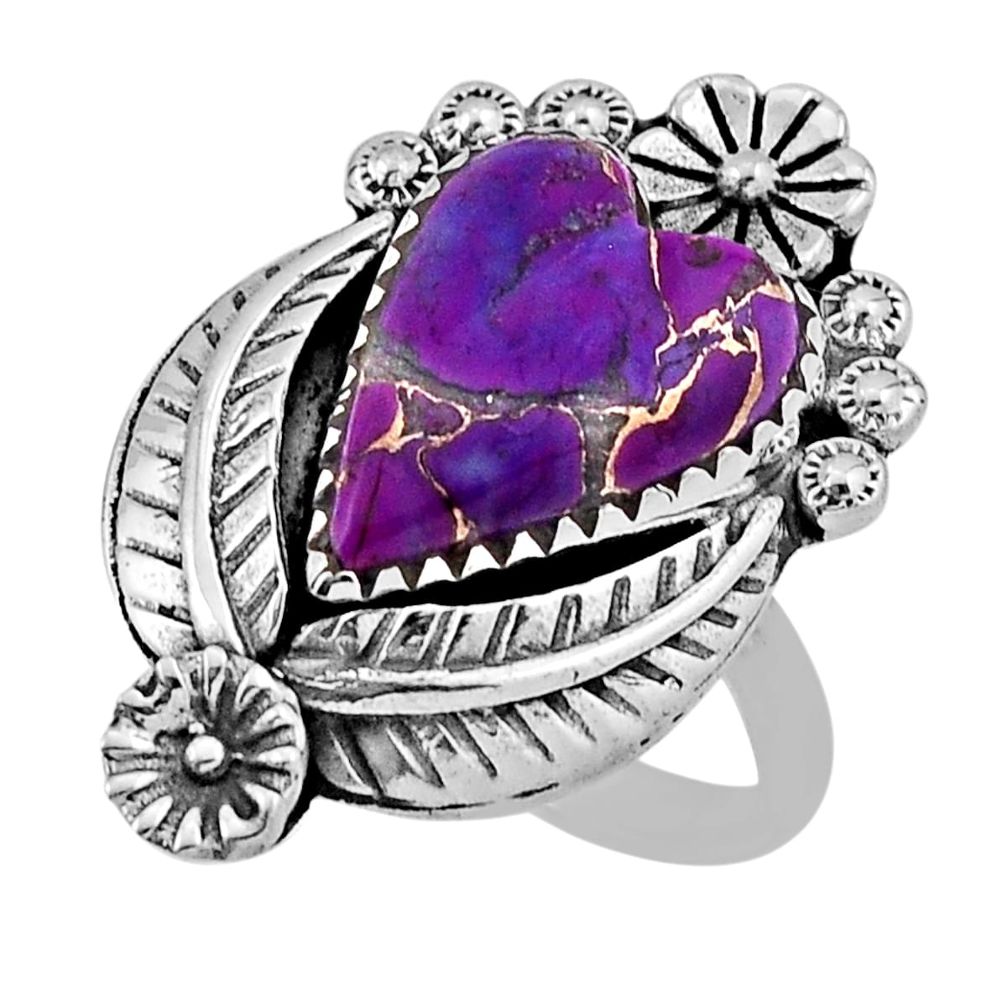7.62cts flower with leaf copper turquoise heart 925 silver ring size 6.5 n33292