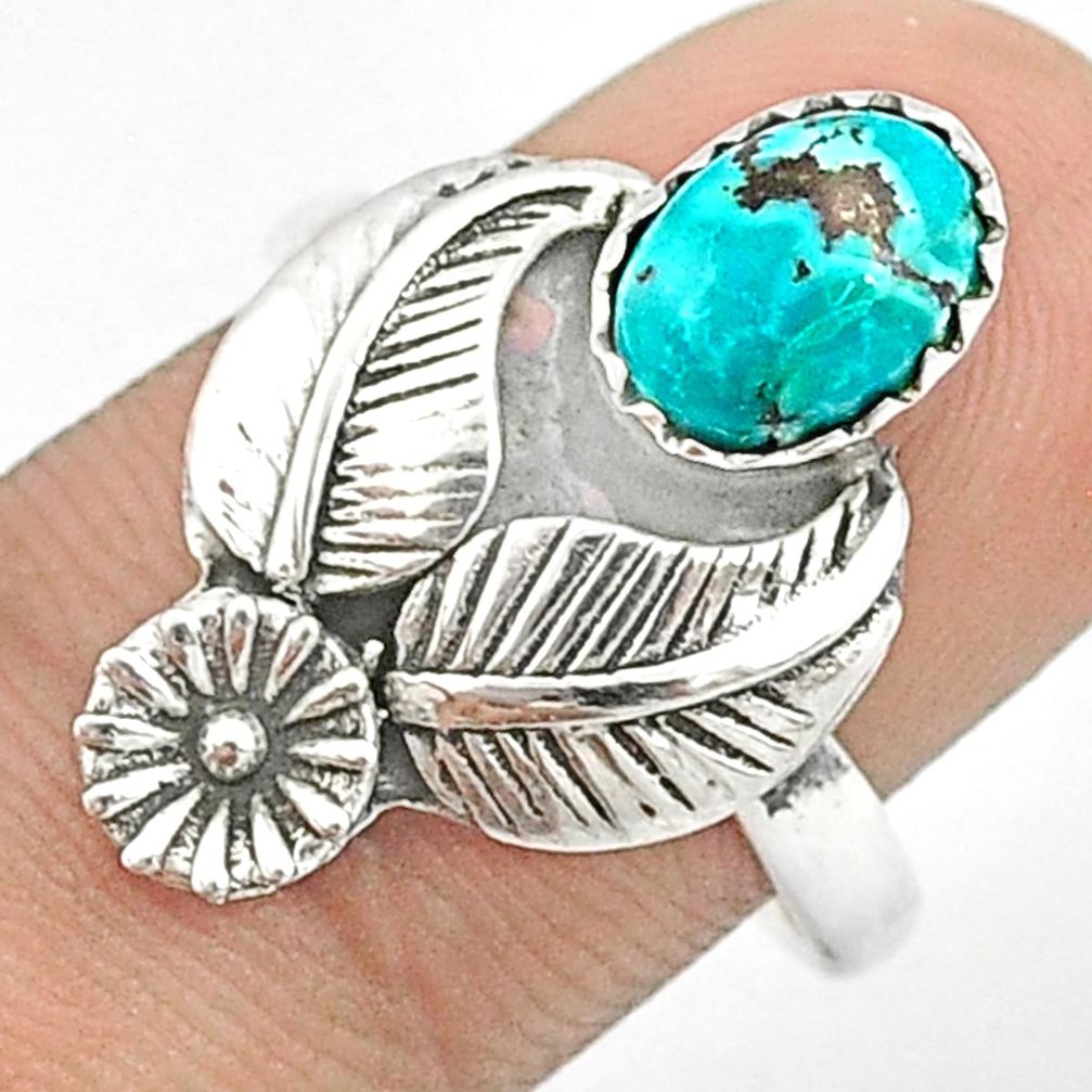2.06cts flower with leaf natural turquoise tibetan silver ring size 7.5 u27585