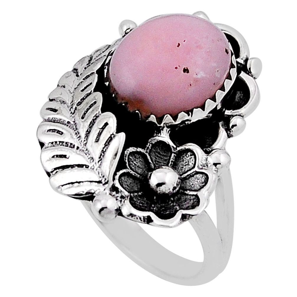 3.80cts flower with leaf solitaire natural pink opal silver ring size 7 n34805