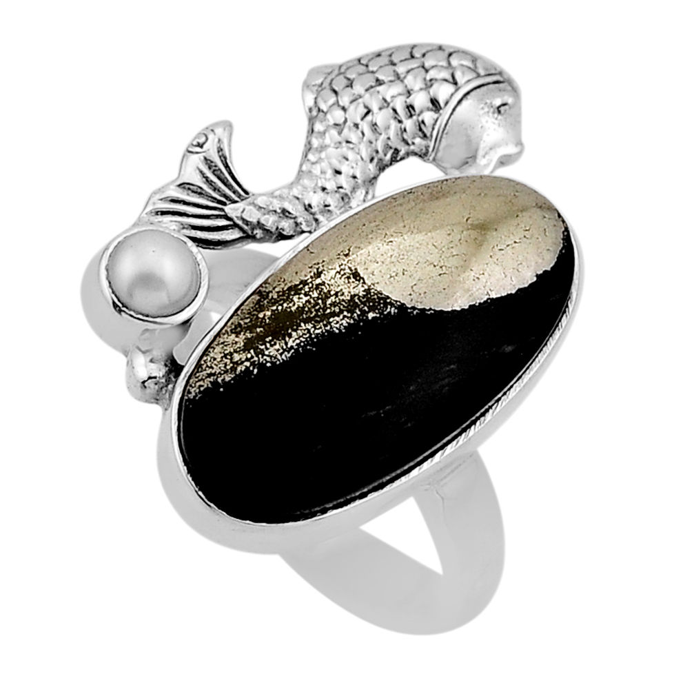 12.90cts golden pyrite in magnetite pearl 925 silver fish ring size 7.5 n53969