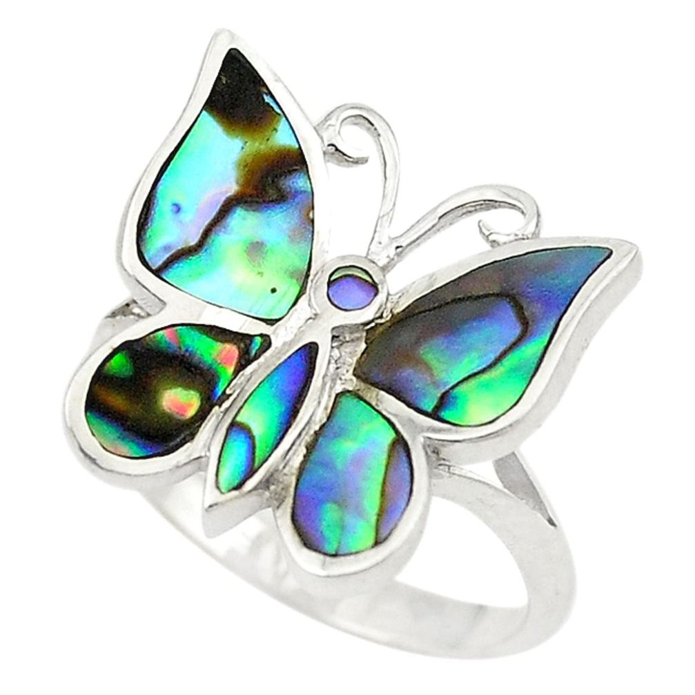 Green abalone paua seashell 925 silver butterfly ring jewelry size 6.5 c21953